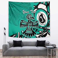 Turquoise tapestry with Haida eagle design and 'Your Text' in stylized script, black and white.