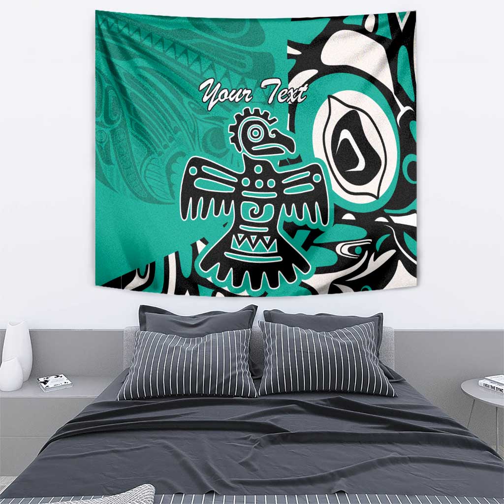 Turquoise tapestry with Haida-style eagle artwork and 'Your Text' lettering, black and white design.