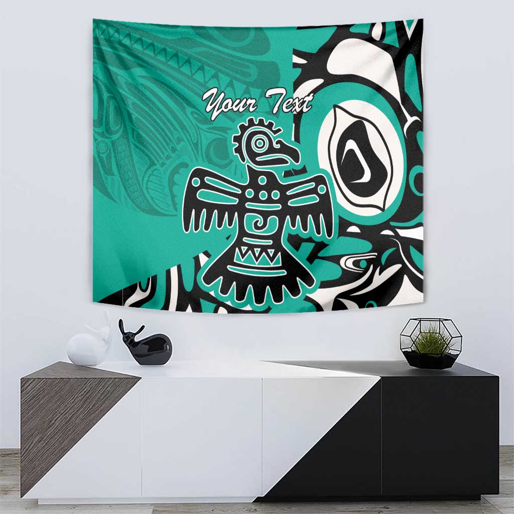 Turquoise wall hanging tapestry featuring Haida eagle motif and 'Your Text' graphic, high-contrast.