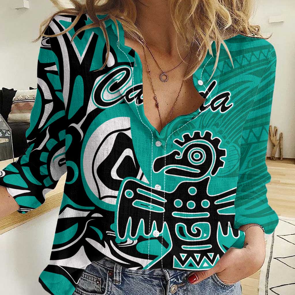 Personalized Canada Haida Eagle Women Casual Shirt Turquoise Style