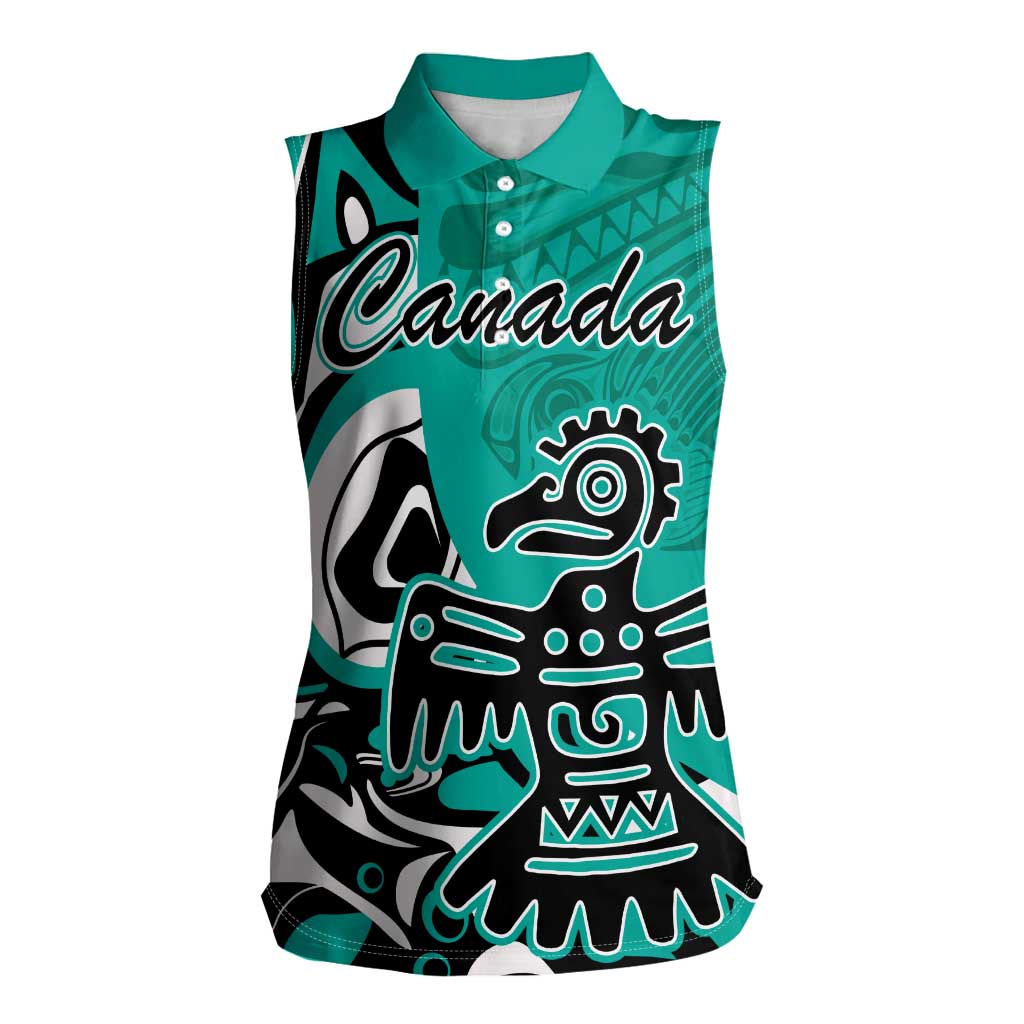 Personalized Canada Haida Eagle Women Sleeveless Polo Shirt Turquoise Style