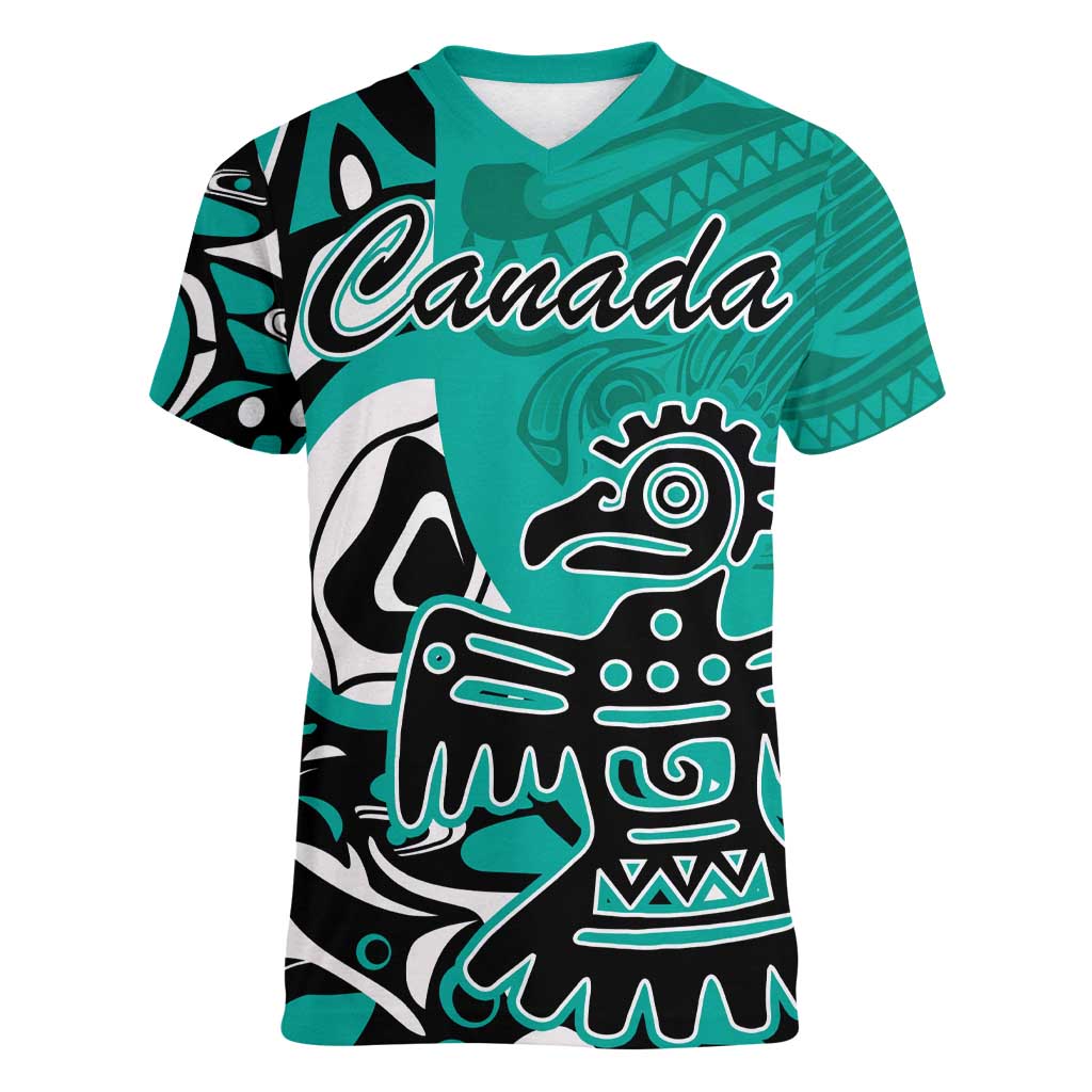 Personalized Canada Haida Eagle Women V-Neck T-Shirt Turquoise Style