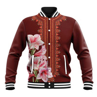 Burgundy baseball jacket with floral lily patch, snap front, striped ribbed collar & cuffs