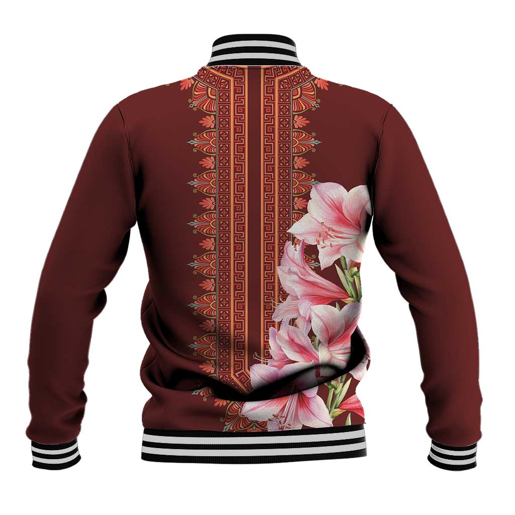 Burgundy baseball jacket with back floral lily panel and vertical embroidered trim
