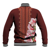 Burgundy baseball jacket with back floral lily panel and vertical embroidered trim