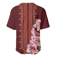 Maroon dashiki baseball jersey with red trim placket and pink lily floral side panel