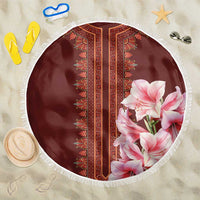 Round beach blanket: burgundy with red dashiki stripe pattern, pink lily print, 150cm fringe