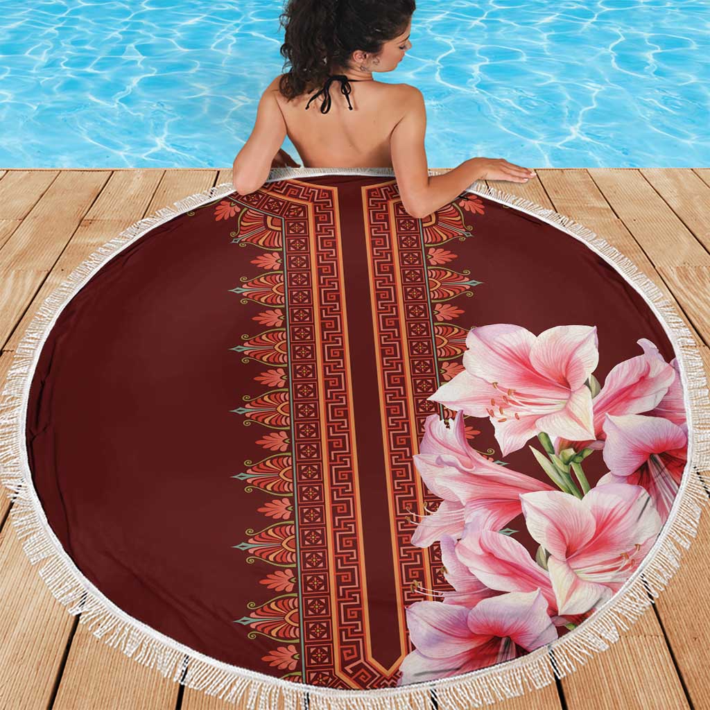 Round beach blanket on deck, burgundy dashiki stripe and pink lily graphic, white fringe