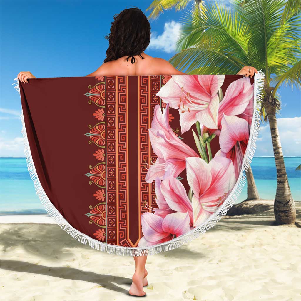 Round beach blanket held up, burgundy with red dashiki stripe and pink lily print, fringe