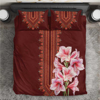 Burgundy bedding set with red dashiki medallion pillows and pink lily floral duvet