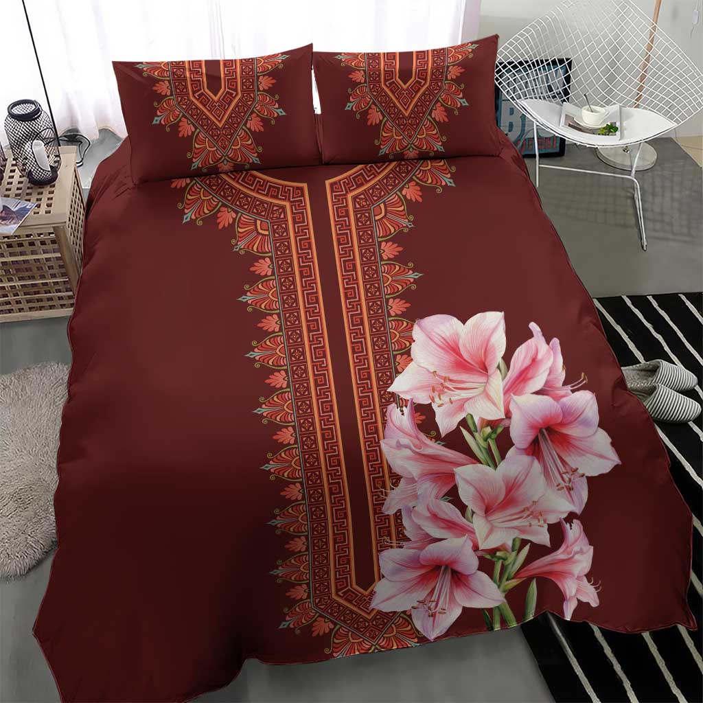 Burgundy duvet with red dashiki stripe and pink lily bouquet, plus matching pillowcases