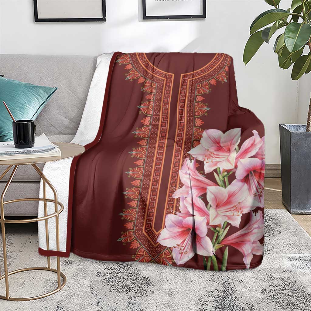 Dark red dashiki blanket with embroidered center motif and pink lily bouquet print