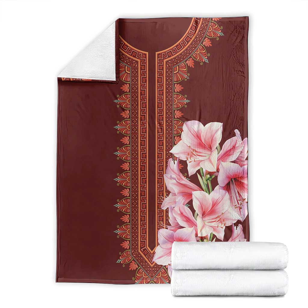 Dark red dashiki-style blanket with embroidered vertical motif and pink lily bouquet print
