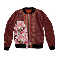 Red satin bomber jacket with black rib trim, vertical patterned stripe, floral print
