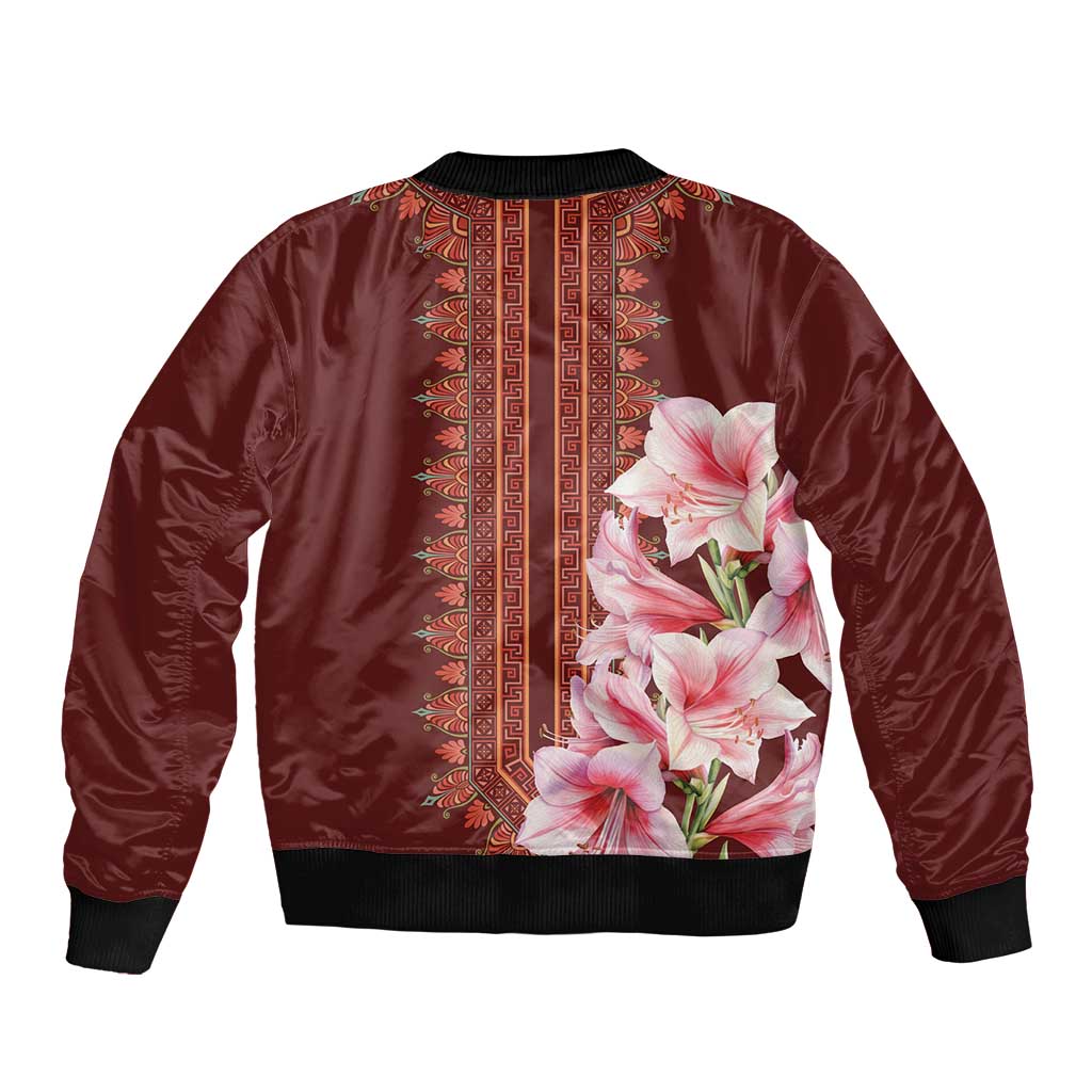 Red satin bomber jacket with black rib trim and large pink lily front graphic