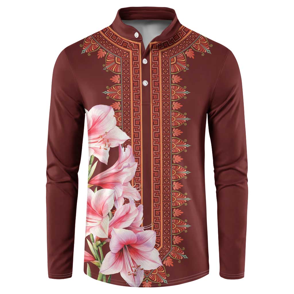Maroon button sweatshirt with vertical ornament border and pink lily floral print