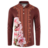 Maroon button sweatshirt with vertical ornament border and pink lily floral print