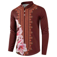 Maroon button sweatshirt with pink lily side floral panel and ornate center border