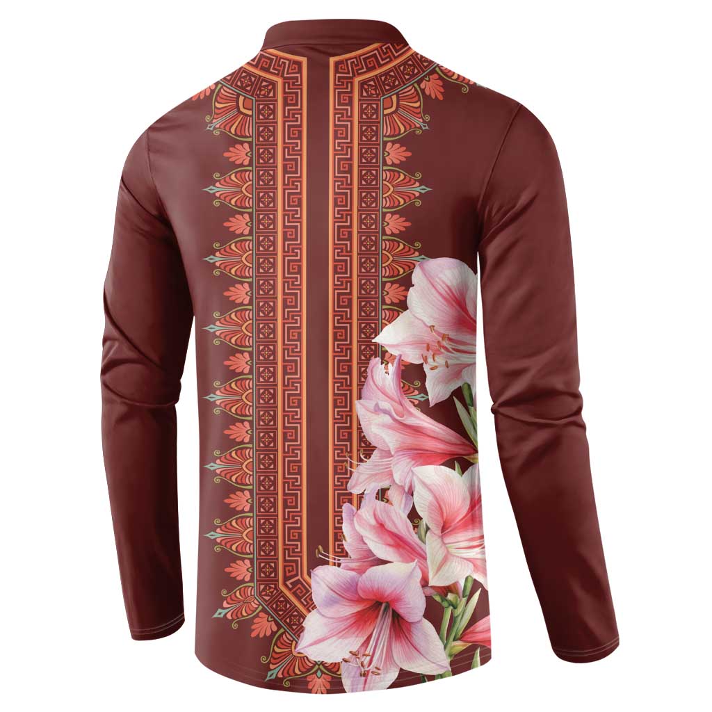 Maroon button sweatshirt with ornate vertical border and large pink lily floral print