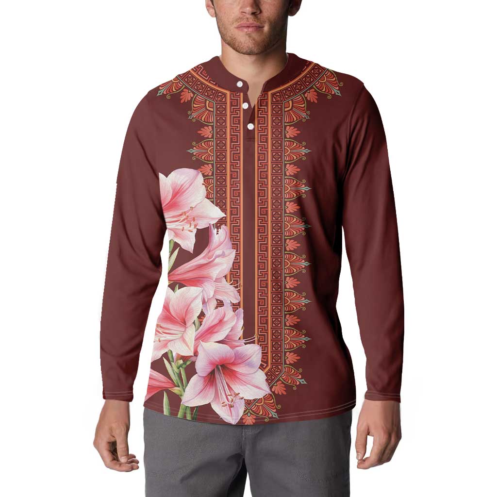 Maroon button-up sweatshirt with pink lily front panel and decorative vertical stripe