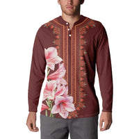 Maroon button-up sweatshirt with pink lily front panel and decorative vertical stripe