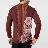 Maroon button sweatshirt with back floral panel of pink lilies and ornate vertical border