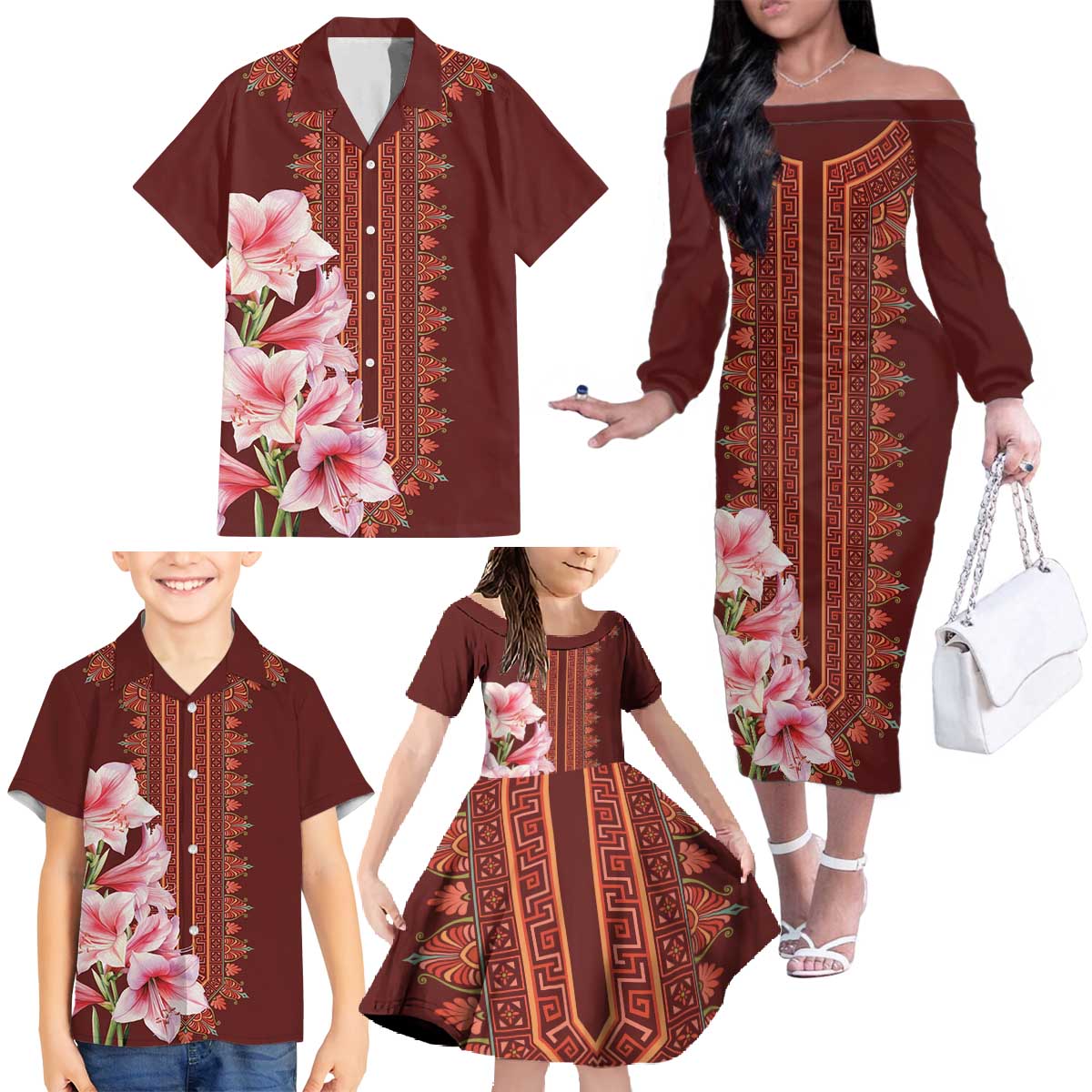 Africa Dashiki Family Matching Off The Shoulder Long Sleeve Dress and Hawaiian Shirt With Belladonna Lily - Wonder Print Shop