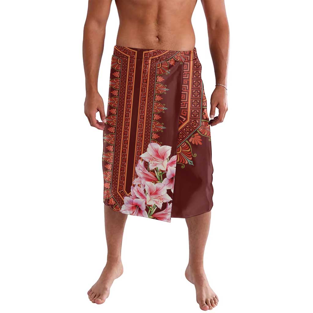 Maroon dashiki-style lavalava with red geometric trim and floral print panel