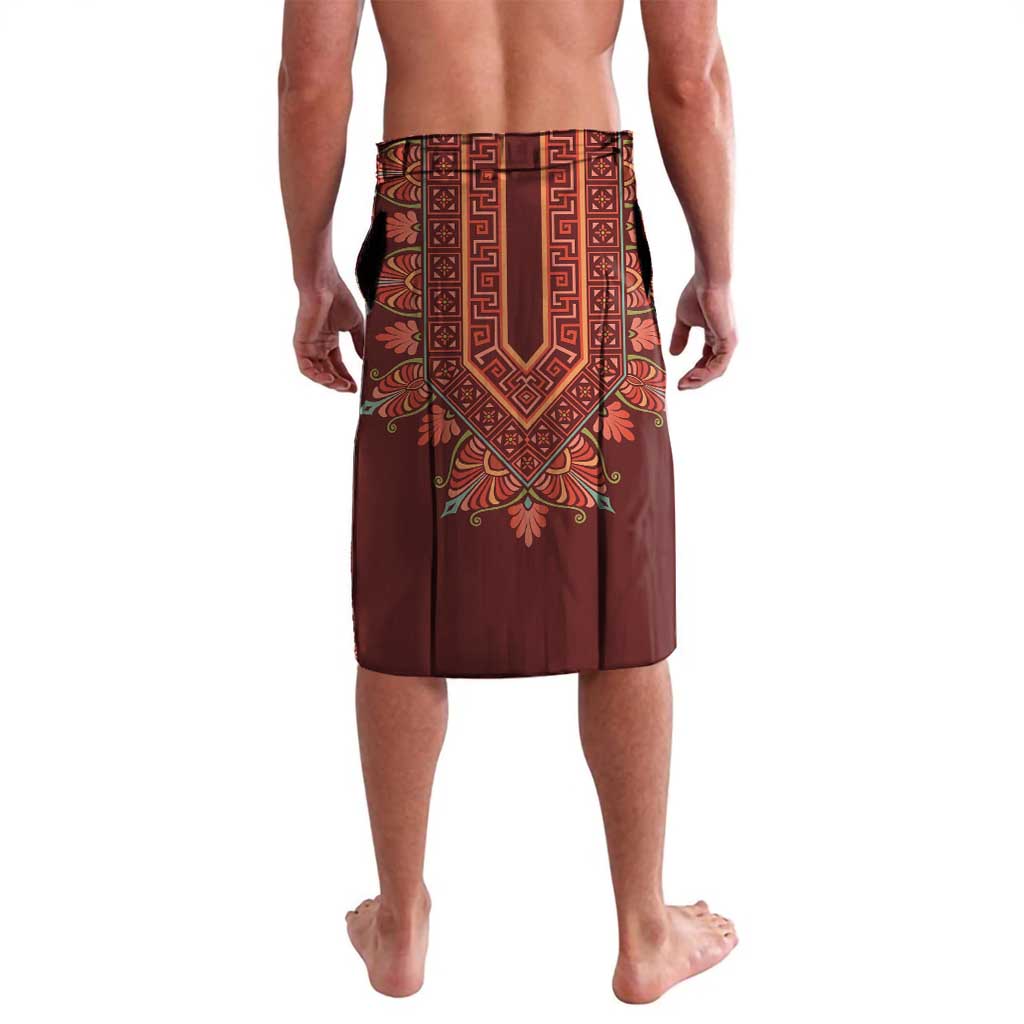 Maroon dashiki-style lavalava with ornate red geometric medallion central motif