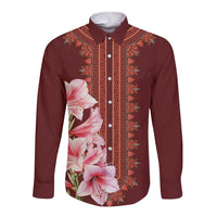 Maroon long-sleeve button shirt with central geometric trim and pink lily print front
