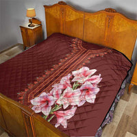 Red quilt set cover with diamond quilting, ornate stripe and pink lily floral print