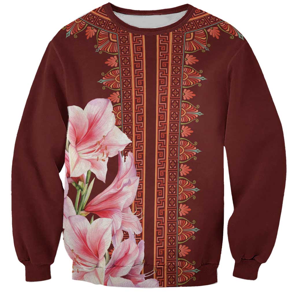 Red dashiki sweatshirt with vertical trim and pink lily print, front