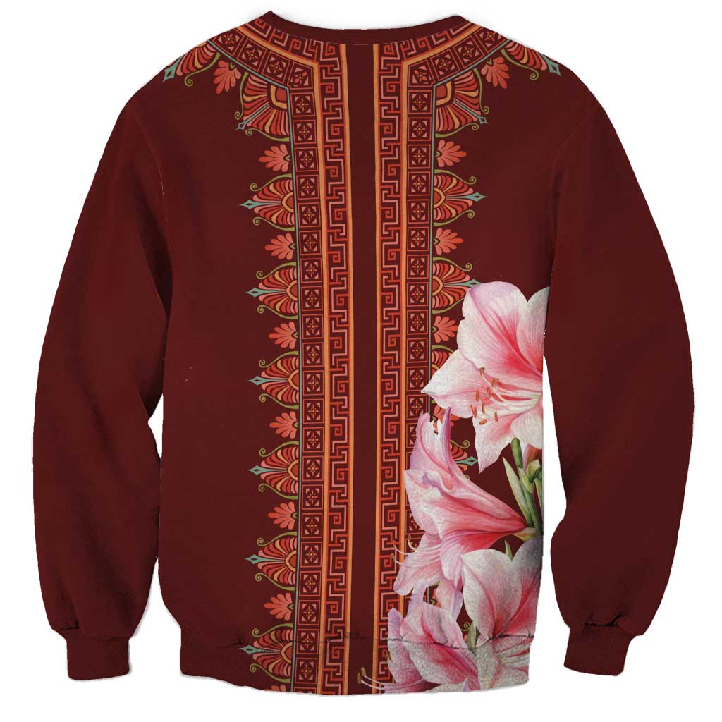 Red dashiki sweatshirt with vertical trim and pink lily print, back