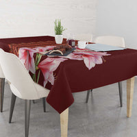 Burgundy red tablecloth with pink lily flowers and geometric band