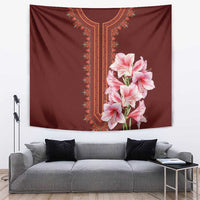 Burgundy dashiki-style tapestry with ornate border and pink lily bouquet