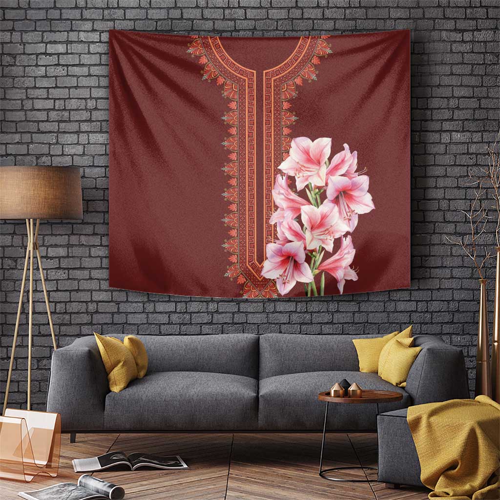 Burgundy dashiki tapestry wall hanging with gold trim and pink flowers