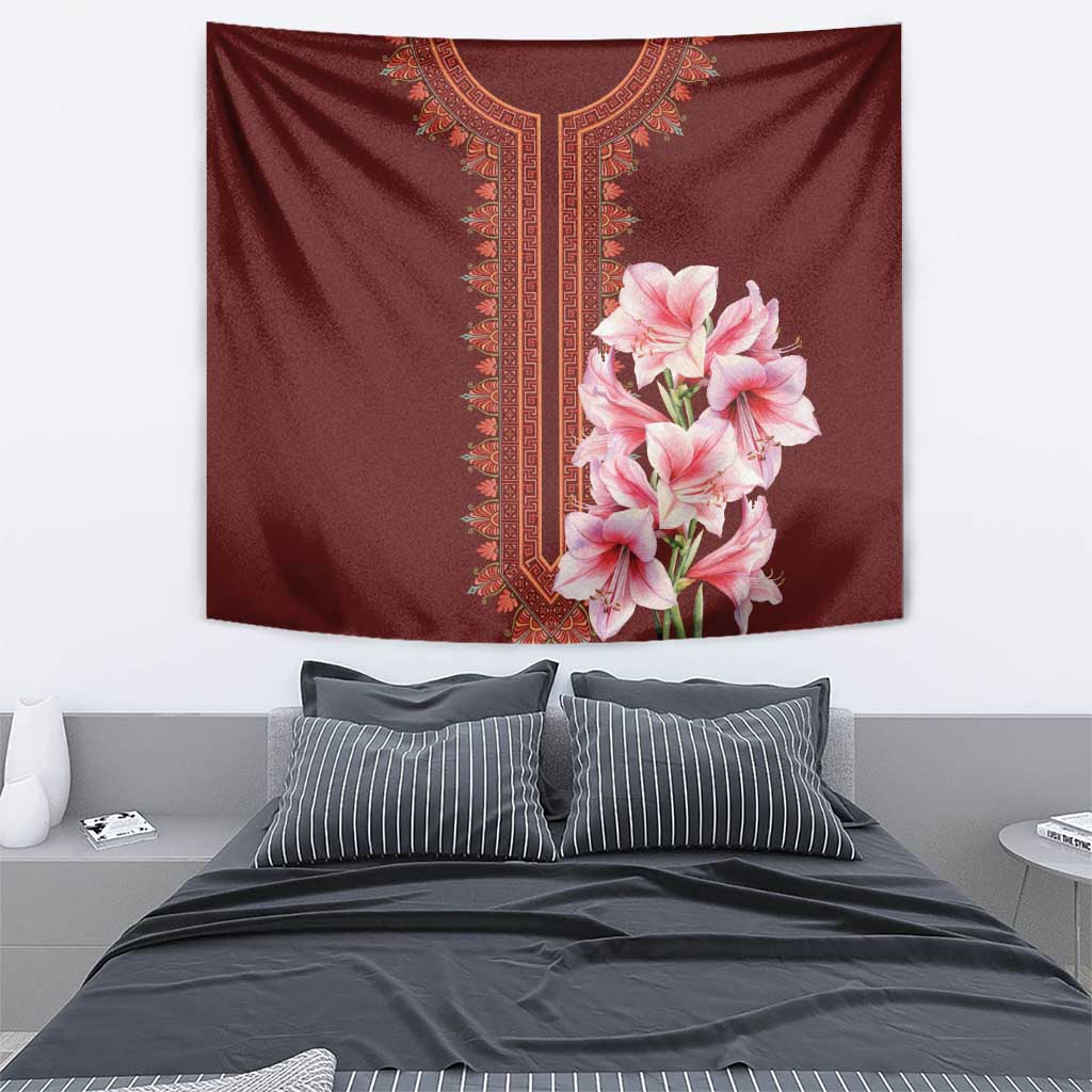 Burgundy floral dashiki tapestry featuring pink lilies and decorative center panel