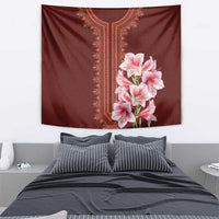 Burgundy floral dashiki tapestry featuring pink lilies and decorative center panel
