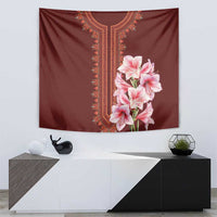 Burgundy dashiki tapestry with gold ornament trim and vertical pink lily cluster