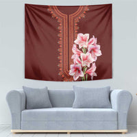 Burgundy dashiki-style wall tapestry with pink lilies and gold decorative stripe