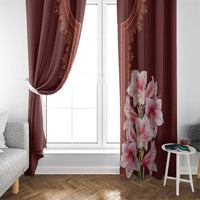 Red window curtain with embroidered-style vertical border and pink lily floral panel