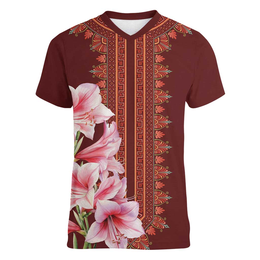 Africa Dashiki Women V-Neck T-Shirt With Belladonna Lily - Wonder Print Shop