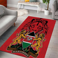 Red area rug featuring large lion head, shield crest, paired gold lions and HARAMBEE