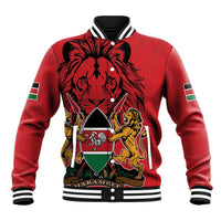 Red varsity baseball jacket with lions crest, kente-style shield, striped ribbed trim