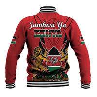 Red baseball jacket back graphic with Kenya wordmark, lions and shield, striped ribbed trim