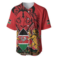 Red baseball jersey with lion graphic, Kenya flag patches, and shield coat-of-arms print