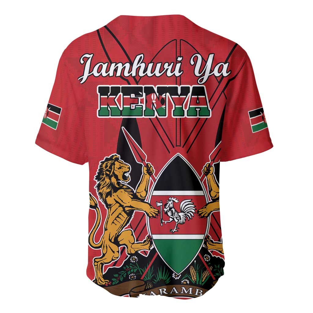 Red baseball jersey back with “Jamhuri Ya” and “KENYA” text plus shield coat-of-arms
