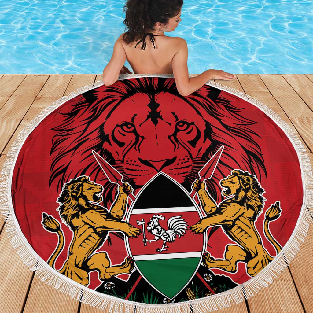 Round red beach blanket with lions-and-shield emblem, white fringed border on deck