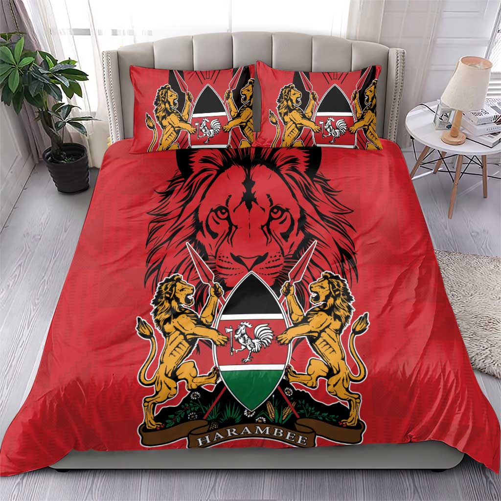 Red bedding set with lion and coat of arms graphic center on duvet and pillows