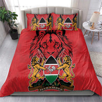 Red bedding set with lion and coat of arms graphic center on duvet and pillows